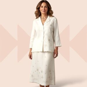 VTG‎ Linen Blend Skirt Set M/L Lightweight Jacket Floral Embroidery Coastal Y2K